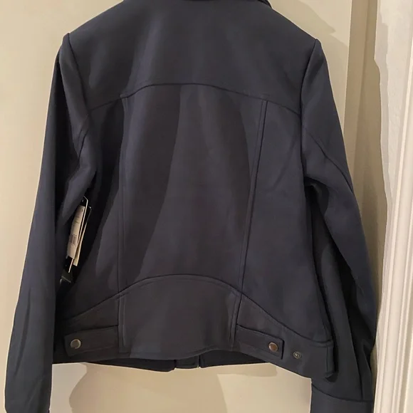 S Suede Faux LiverPool Biker Moto Jacket Coat Navy Blue/Silver Accents NWT New! - Picture 2 of 9